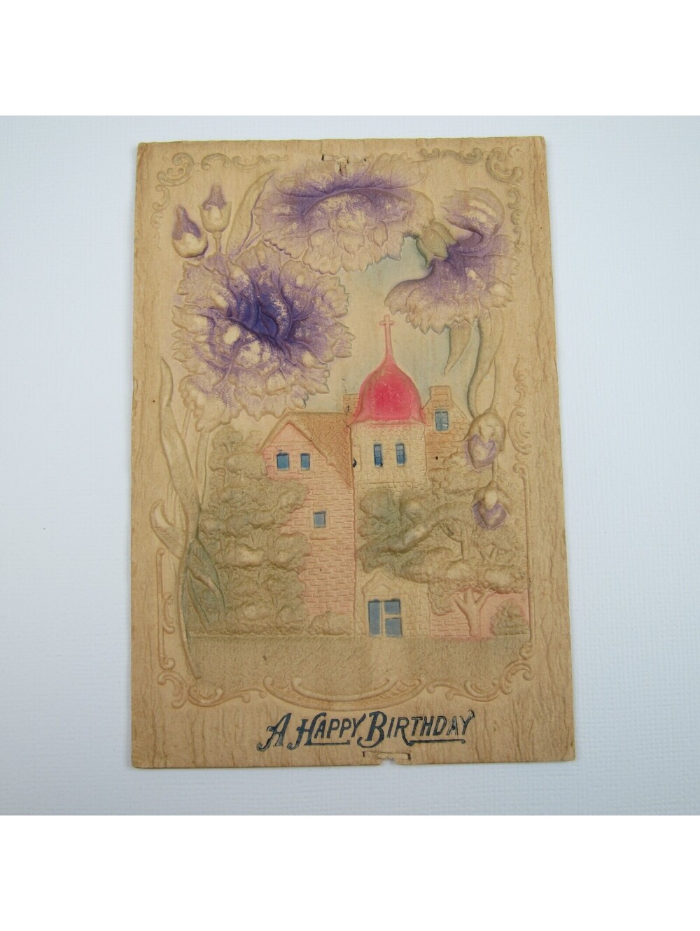 Postcard Happy Birthday Antique Embossed 3D Church Red Steeple Purple Flowers